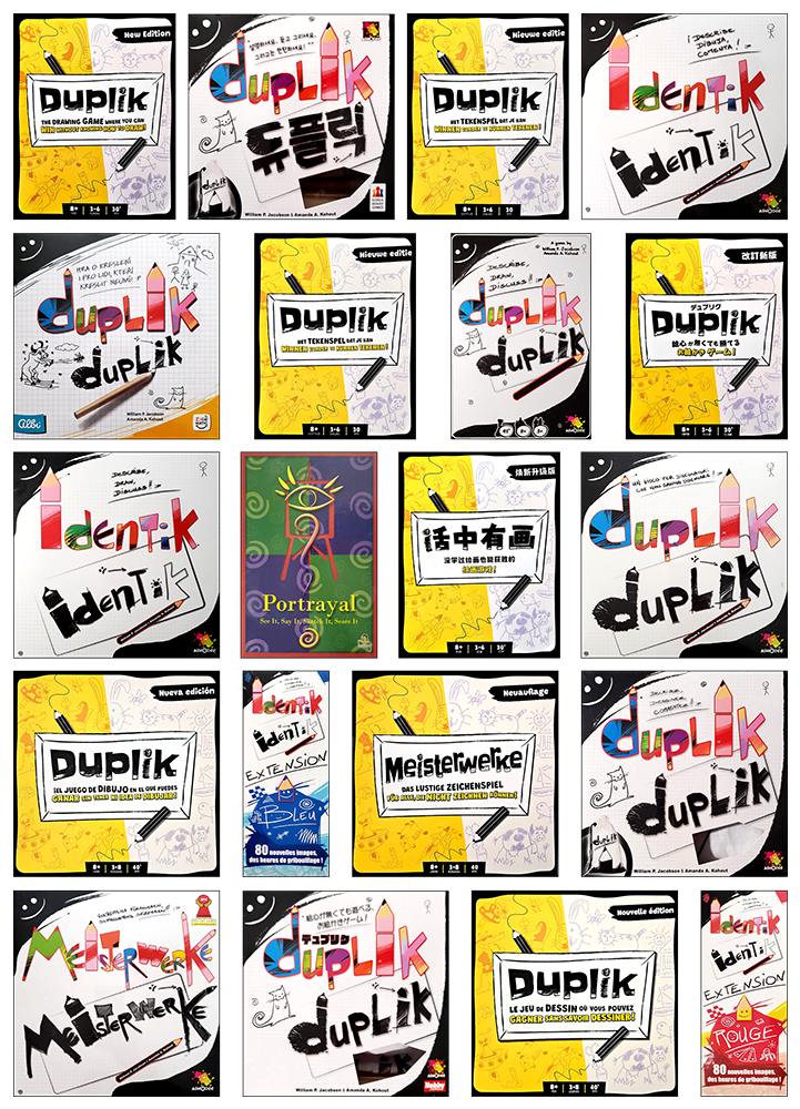 Multiple box designs from different versions of Portrayal, Identik, Duplik and other global versions.